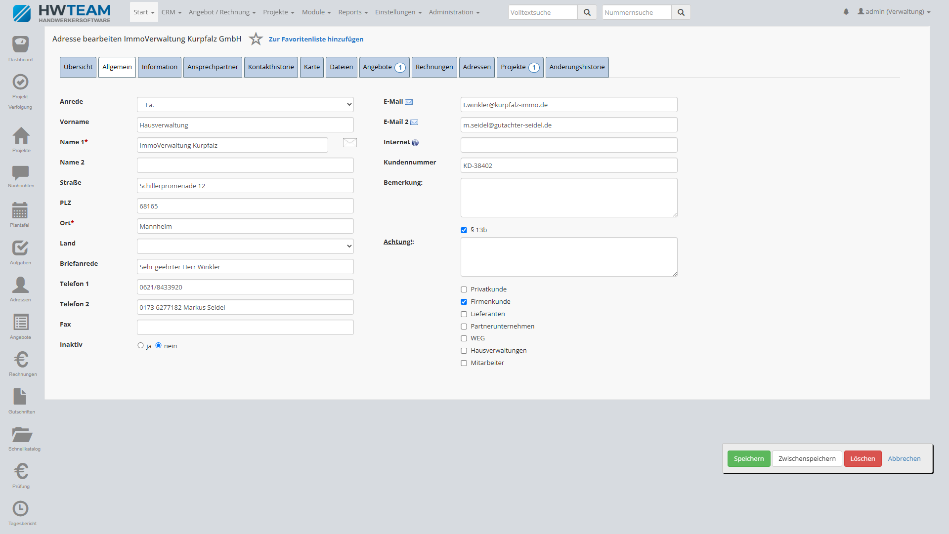 Screenshot der Adressverwaltung